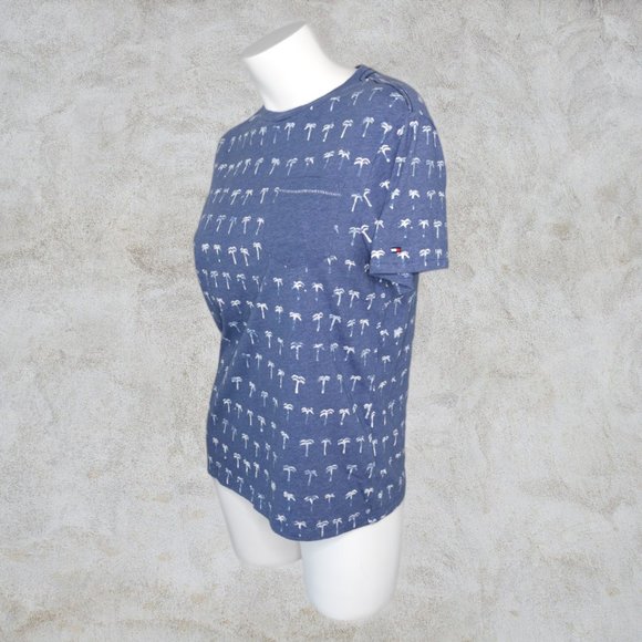Tommy Hilfiger Light Denim Blue Tee with White Palm Trees All Over Print - Picture 2 of 9